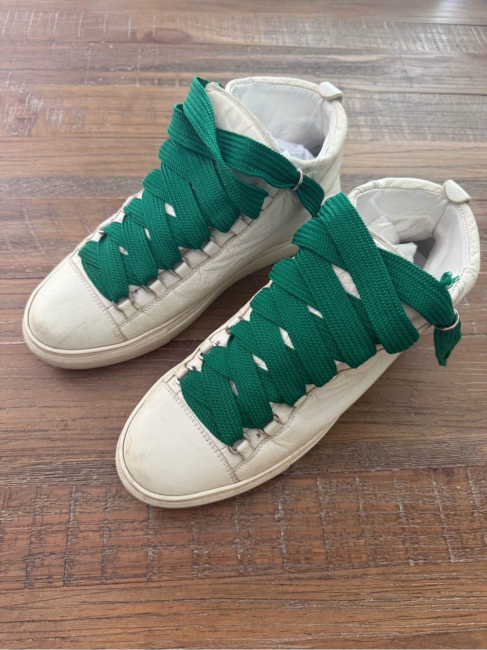 Balenciaga White High-Top Sneakers with Green Laces Size 41